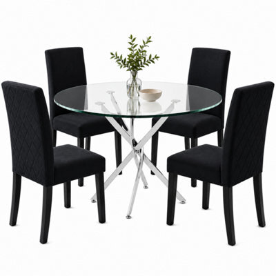 Oira Homes Modern Round Glass Dining Table Set With 4 Black Velvet Chairs 4 Seater Dining Table Set - image 1