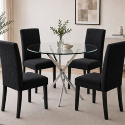 Oira Homes Modern Round Glass Dining Table Set With 4 Black Velvet Chairs 4 Seater Dining Table Set - thumbnail 2