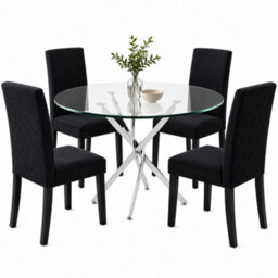 Oira Homes Modern Round Glass Dining Table Set With 4 Black Velvet Chairs 4 Seater Dining Table Set - thumbnail 1
