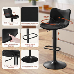 Yaheetech Set Of 2 Armless Height Adjustable Pu Leather Bar Stools With Backrest And Footrest - Black - thumbnail 4