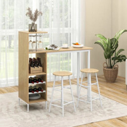 3Pcs Bar Table & 2 Stool Industrial Kitchen Dining Set W/ Wine Rack Glass Holder - thumbnail 3