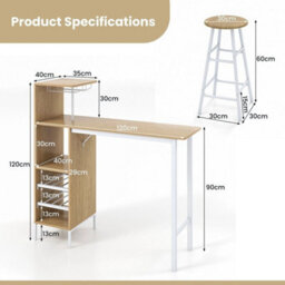 3Pcs Bar Table & 2 Stool Industrial Kitchen Dining Set W/ Wine Rack Glass Holder - thumbnail 2