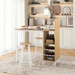 3Pcs Bar Table & 2 Stool Industrial Kitchen Dining Set W/ Wine Rack Glass Holder - thumbnail 6
