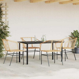 Berkfield 5 Piece Garden Dining Set Brown Poly Rattan Glass - thumbnail 3