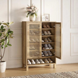 6-Tier Shoe Cabinet With Shutter Doors, Modern Large Wooden Shoe Organizer Rack - thumbnail 3
