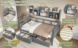 Matteo 3Ft Single Bed Frame With Storage Drawers & Bookcase Headboard - Grey - thumbnail 9