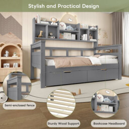Matteo 3Ft Single Bed Frame With Storage Drawers & Bookcase Headboard - Grey - thumbnail 5