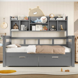 Matteo 3Ft Single Bed Frame With Storage Drawers & Bookcase Headboard - Grey - thumbnail 4