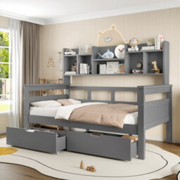 Matteo 3Ft Single Bed Frame With Storage Drawers & Bookcase Headboard - Grey - thumbnail 1