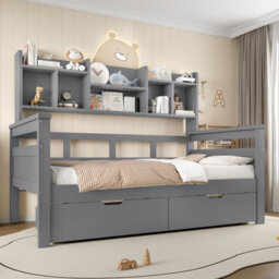 Matteo 3Ft Single Bed Frame With Storage Drawers & Bookcase Headboard - Grey - thumbnail 2