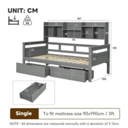 Matteo 3Ft Single Bed Frame With Storage Drawers & Bookcase Headboard - Grey - thumbnail 7