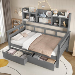Matteo 3Ft Single Bed Frame With Storage Drawers & Bookcase Headboard - Grey - thumbnail 3