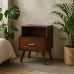 Wyld Haus Cortona Antique Mango Wood Raised Back Bedside Table With T-Bar Drawer And Nordic Legs - thumbnail 1