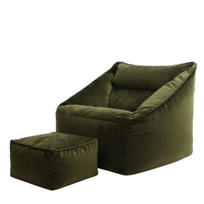 icon Natalia Velvet Adults Bean Bag Armchair And Pouffe, Ready Filled Large Beanbag And Footstool Olive Green - image 1