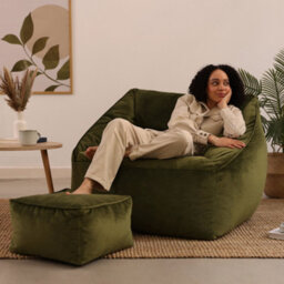 icon Natalia Velvet Adults Bean Bag Armchair And Pouffe, Ready Filled Large Beanbag And Footstool Olive Green - thumbnail 2