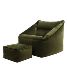 icon Natalia Velvet Adults Bean Bag Armchair And Pouffe, Ready Filled Large Beanbag And Footstool Olive Green