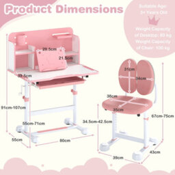 Gainoom Kid's Pink Study Desk & Chair Set Height-Adjustable Children Study Desk - thumbnail 2