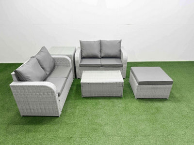 Fimous 5 Seater Outdoor Love Sofa Set Rattan Garden Furniture Set Rectangular Coffee Table Big Footstool Side Table Light Grey - image 1