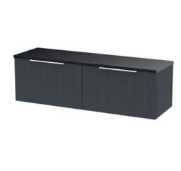 Hudson Reed Fluted Wall Hung 2-Drawer Vanity Unit & Black Laminate Worktop, Sleek Counter Top Vanity Unit In Soft Black, 1200mm