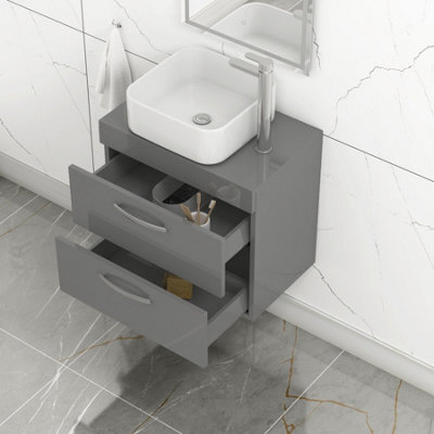 Royal Bathrooms 600mm Wall Hung Vanity Unit 2 Drawer Indigo Grey Gloss & Elena Countertop Basin - image 1