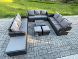 Fimous 12 Seater Rattan Outdoor Furniture Set Patio Garden Sofa Set With Square Coffee Table 3 Seater Sofa 3 Footstools - thumbnail 2
