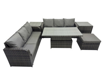Fimous Rattan Garden Furniture Dining Set 7-Seater Patio Height Adjustable Rising Lifting Table Sofa Set With 2 Side Table - image 1