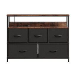 Black 5 Drawer Fabric Chest Of Drawers With Power Outlet Rustic Storage Cabinet Unit - thumbnail 1