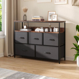 Black 5 Drawer Fabric Chest Of Drawers With Power Outlet Rustic Storage Cabinet Unit - thumbnail 2