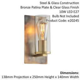 Bronze Patina Plate Wall Lamp Light & Clear Glass Shade - Dimmable Led Fitting - thumbnail 2
