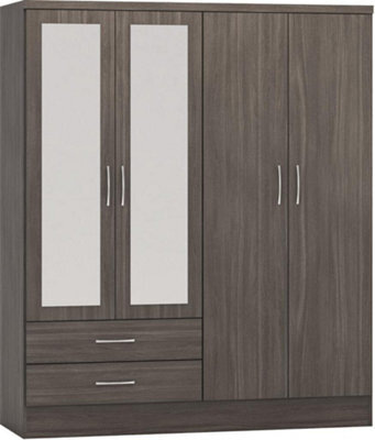 Seconique Nevada 4 Door 2 Drawer Mirrored Wardrobe In Black Wood Grain Effect Finish - image 1