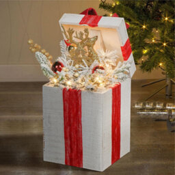 Wooden White Christmas Gift Box With 20 Led Lights, Gold Ribbon, Battery-Powered - thumbnail 2