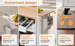 Abrihome 129X46(71)X91Cm Kitchen Island On Wheels, Rolling Trolley With Storage Cabinets And 2 Drawers, For The Dining Room, White+Natural - thumbnail 5
