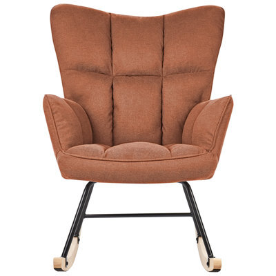 Wyld And Coco Rocking Chair Brown Fabric Biscuit Tufting With Wooden Legs - Retro Rocking Armchair, W71 X D83 X H104Cm - image 1