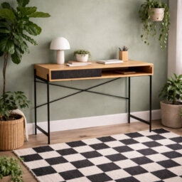 Wyld Haus Cambridge Oak-Effect Office Desk With Sliding Metal Door, Black Frame - thumbnail 1