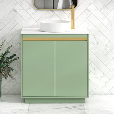 Royal Bathrooms Orion 800mm Mint Sage Floor Standing Vanity Unit 2 Door With Plain White Undrilled Worktop & Brushed Brass Accent Trim - image 1