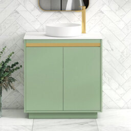 Royal Bathrooms Orion 800mm Mint Sage Floor Standing Vanity Unit 2 Door With Plain White Undrilled Worktop & Brushed Brass Accent Trim