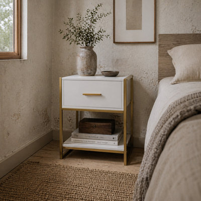 Wyld Haus Safifi White Bedside Table 1 Drawer 1 Shelf With Gold-Tone Frame - image 1