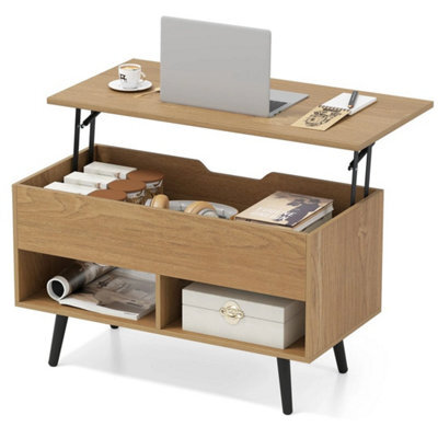 Lift Top Coffee Table Mid Century Modern Accent Table With Shelves Natural - image 1