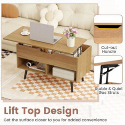 Lift Top Coffee Table Mid Century Modern Accent Table With Shelves Natural - thumbnail 5