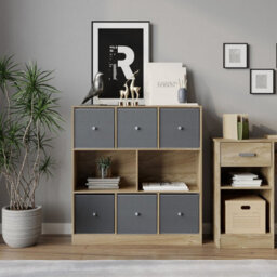 Urbn-Living Urbnliving Asymmetrical 8 Cube Bookcase Shelf Storage Unit W/ 6 Fabric Drawer Inserts (Oak+Light Grey) - thumbnail 4