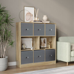 Urbn-Living Urbnliving Asymmetrical 8 Cube Bookcase Shelf Storage Unit W/ 6 Fabric Drawer Inserts (Oak+Light Grey) - thumbnail 1