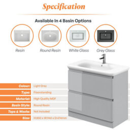 Plum&clay Marvel Gloss Light Grey Floor Standing Bathroom Vanity Unit With Round Resin Basin (W)900mm - thumbnail 5