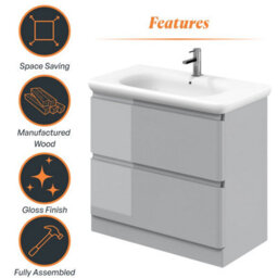 Plum&clay Marvel Gloss Light Grey Floor Standing Bathroom Vanity Unit With Round Resin Basin (W)900mm - thumbnail 6