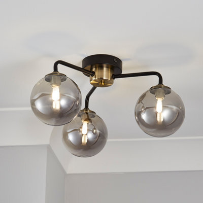 Inlight Agile Flush Matt Glass & Metal Black Antique Brass & Smoked Glass Effect 3 Lamp Led Ceiling Light - image 1