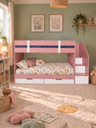 Pink Low Single Staircase Bunk Bed With Wardrobe, Shelves And Drawers With Enhanced Comfort Pocket Sprung Mattresses - thumbnail 1