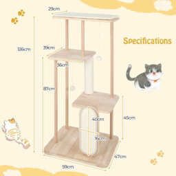 Costway 126Cm Tall Solid Wood Cat Tree Home 4-Tier Large Cat Tower W/ Beech Post - thumbnail 3