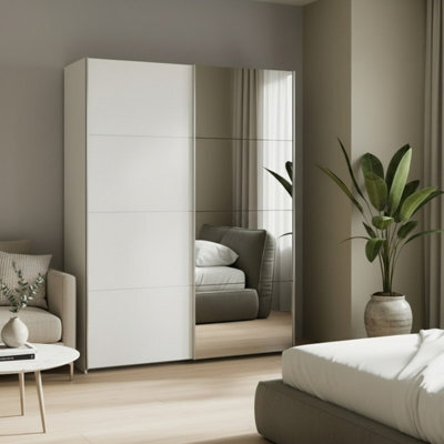 Furnipol Sophistispace 150L Sliding Wardrobe With Mirror Modern 2 Door Bedroom Storage In White Oak Finish White - image 1