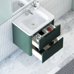 Royal Bathrooms Avenza 600mm Fluted Wall Hung Vanity Unit Deep Moss Green 2 Drawer Storage Cabinet With Ceramic Basin - thumbnail 5