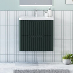 Royal Bathrooms Avenza 600mm Fluted Wall Hung Vanity Unit Deep Moss Green 2 Drawer Storage Cabinet With Ceramic Basin