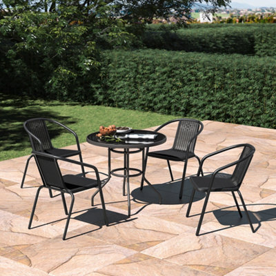 Living And Home Set Of 5 Black 4 Seater Garden Furniture Set Patio Round Glass Table And Stackable Rattan Chairs Set 80 Cm - image 1